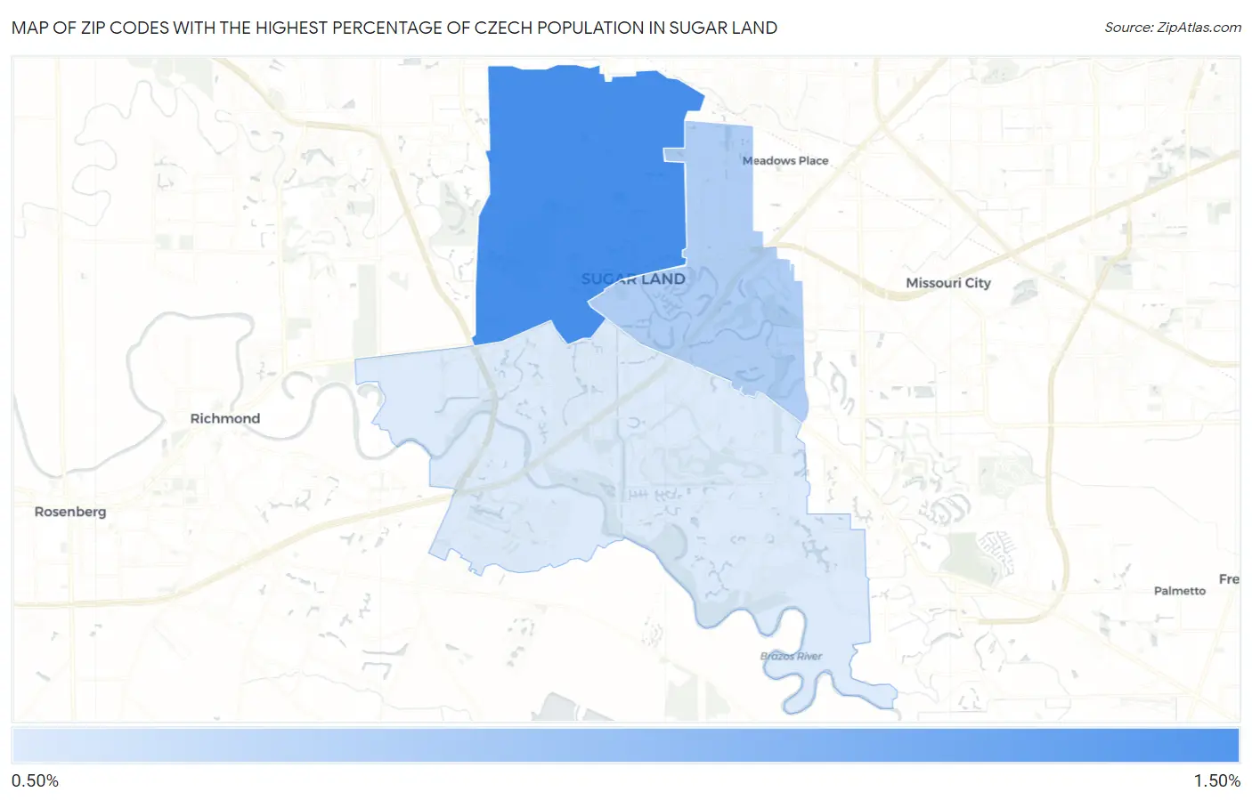 Zip Codes with the Highest Percentage of Czech Population in Sugar Land Map