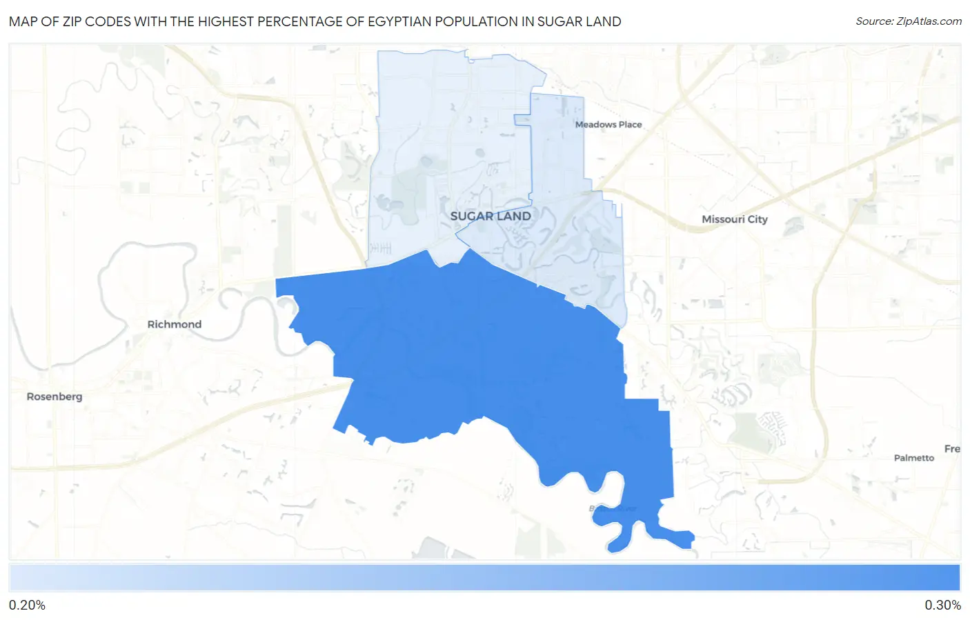 Zip Codes with the Highest Percentage of Egyptian Population in Sugar Land Map