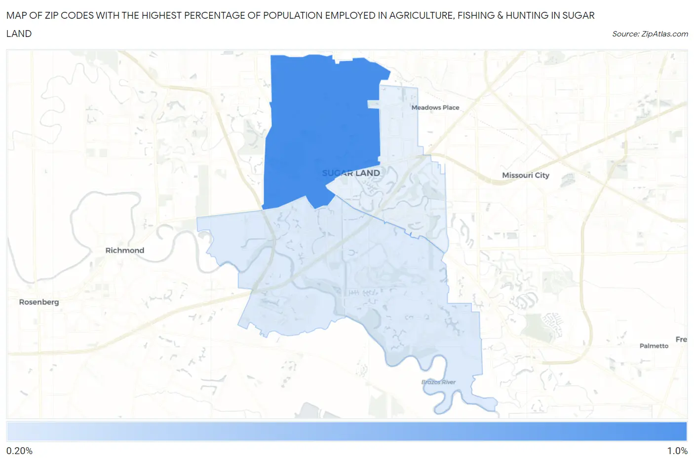 Zip Codes with the Highest Percentage of Population Employed in Agriculture, Fishing & Hunting in Sugar Land Map