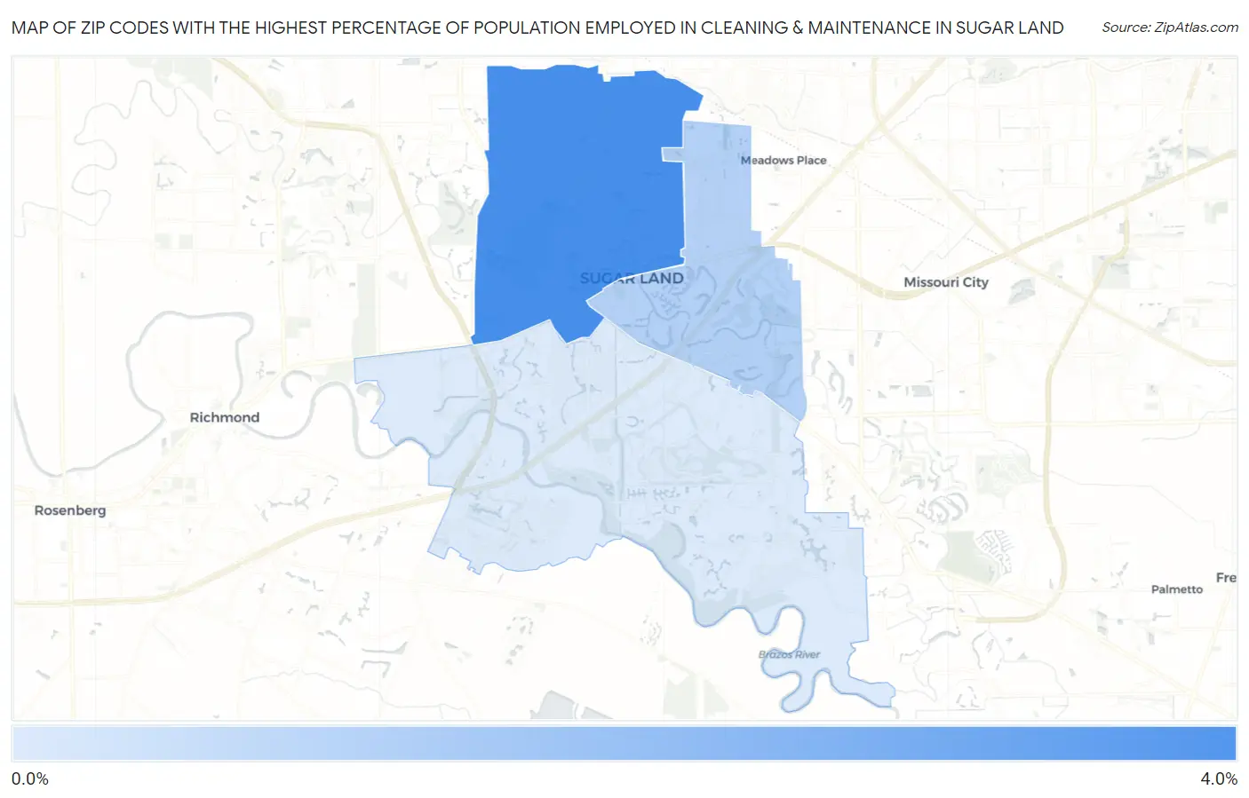 Zip Codes with the Highest Percentage of Population Employed in Cleaning & Maintenance in Sugar Land Map