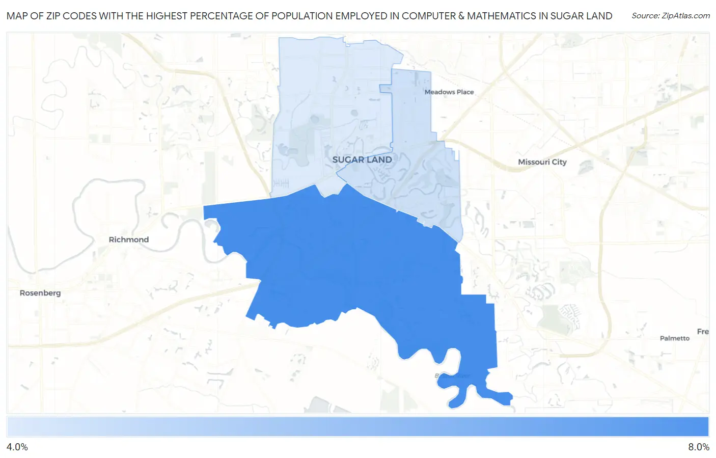 Zip Codes with the Highest Percentage of Population Employed in Computer & Mathematics in Sugar Land Map