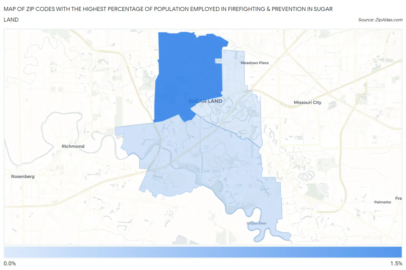 Zip Codes with the Highest Percentage of Population Employed in Firefighting & Prevention in Sugar Land Map