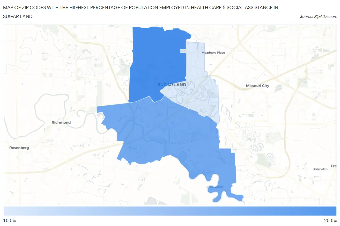 Zip Codes with the Highest Percentage of Population Employed in Health Care & Social Assistance in Sugar Land Map