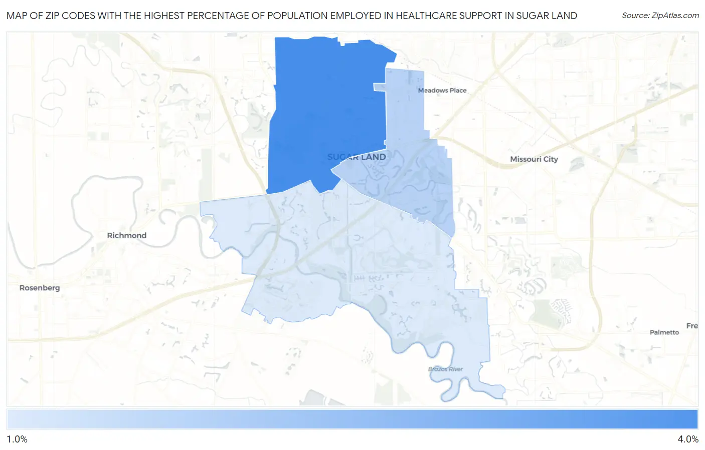 Zip Codes with the Highest Percentage of Population Employed in Healthcare Support in Sugar Land Map