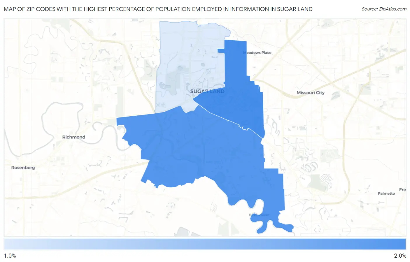 Zip Codes with the Highest Percentage of Population Employed in Information in Sugar Land Map