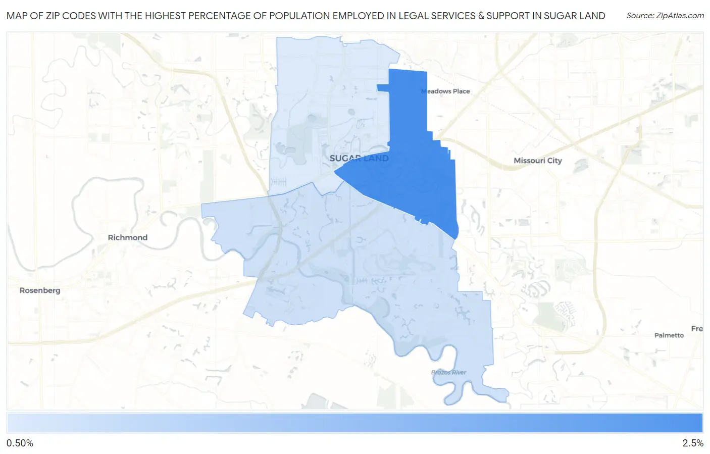 Zip Codes with the Highest Percentage of Population Employed in Legal Services & Support in Sugar Land Map