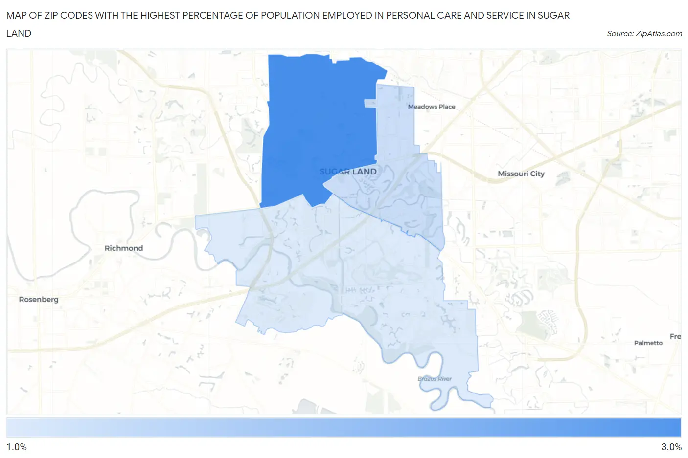 Zip Codes with the Highest Percentage of Population Employed in Personal Care and Service in Sugar Land Map