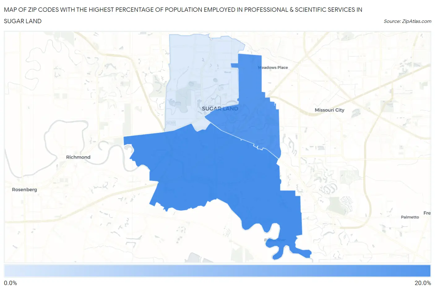 Zip Codes with the Highest Percentage of Population Employed in Professional & Scientific Services in Sugar Land Map