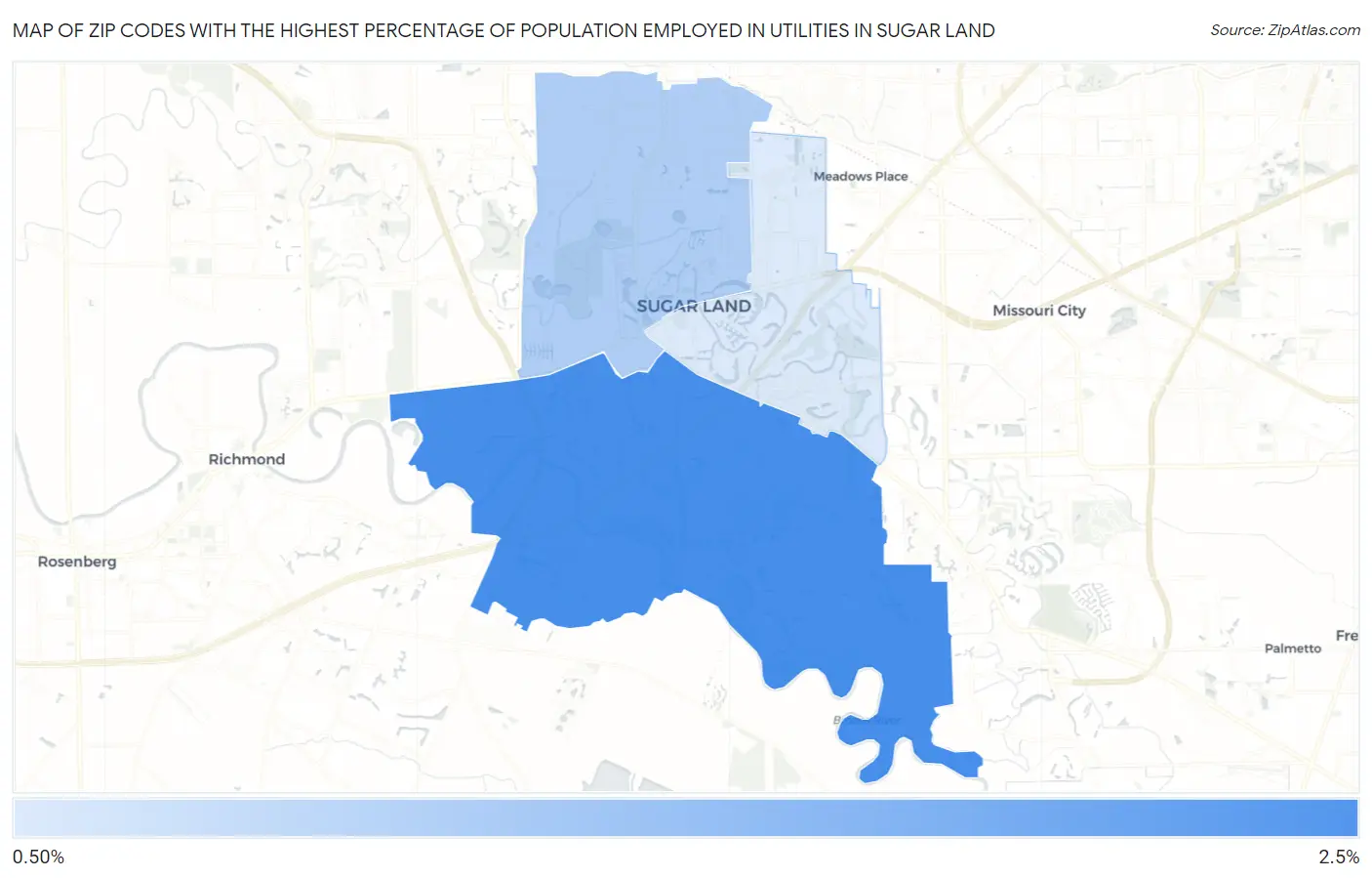 Zip Codes with the Highest Percentage of Population Employed in Utilities in Sugar Land Map