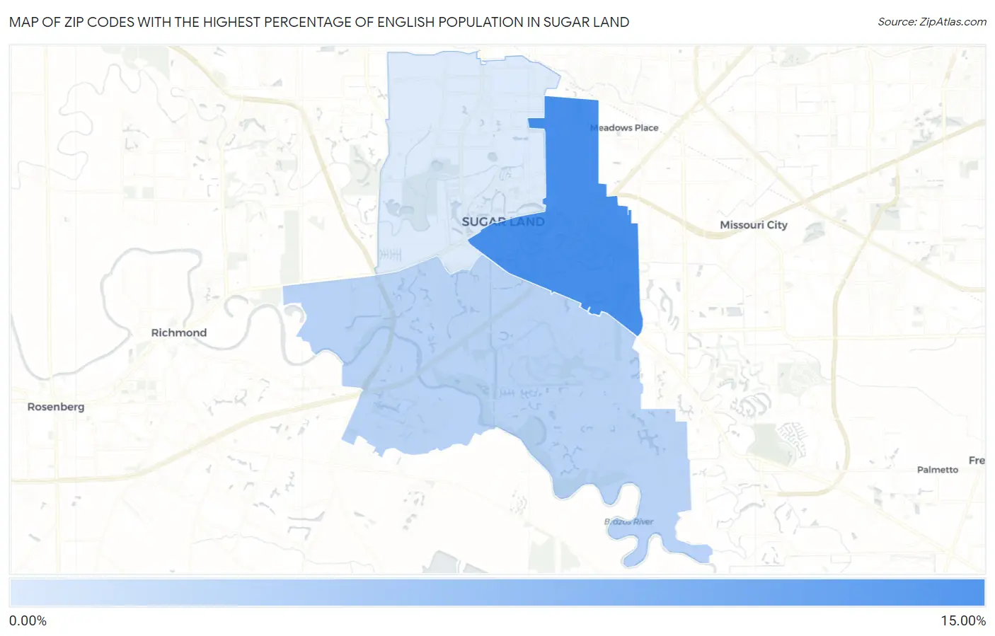 Zip Codes with the Highest Percentage of English Population in Sugar Land Map