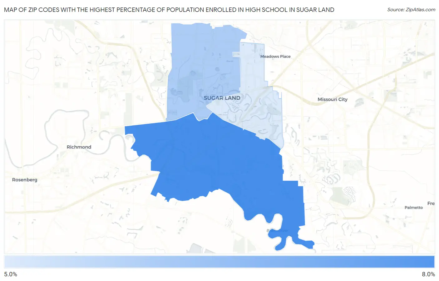 Zip Codes with the Highest Percentage of Population Enrolled in High School in Sugar Land Map