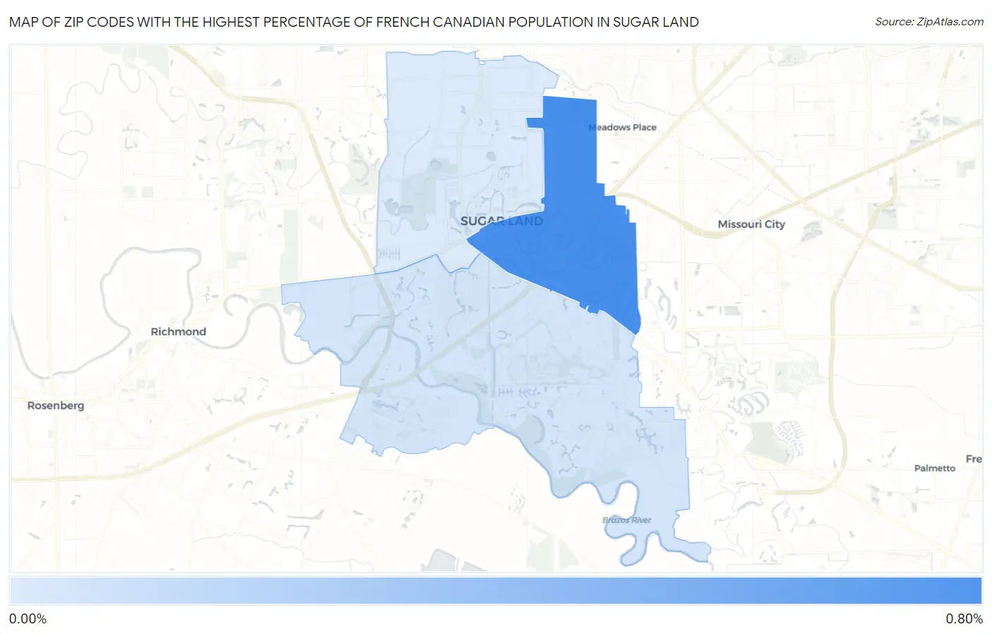 Zip Codes with the Highest Percentage of French Canadian Population in Sugar Land Map