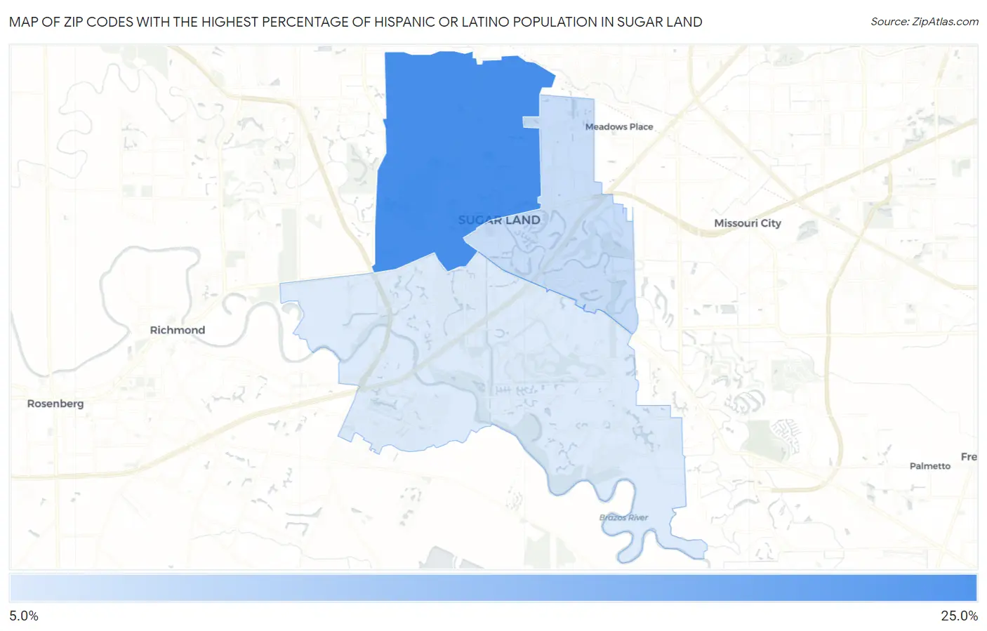 Zip Codes with the Highest Percentage of Hispanic or Latino Population in Sugar Land Map
