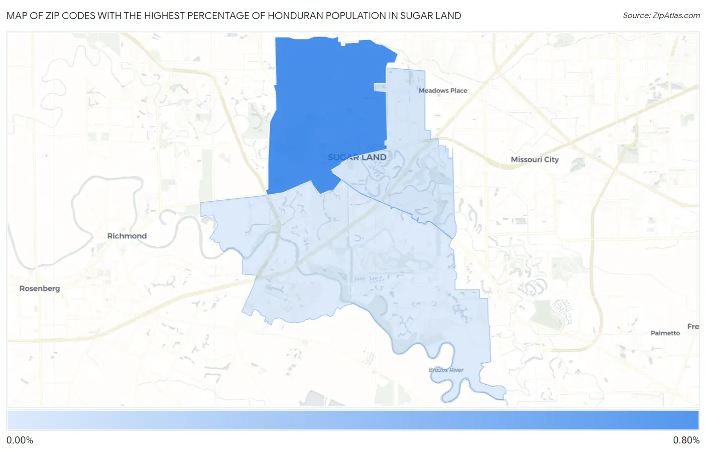 Zip Codes with the Highest Percentage of Honduran Population in Sugar Land Map