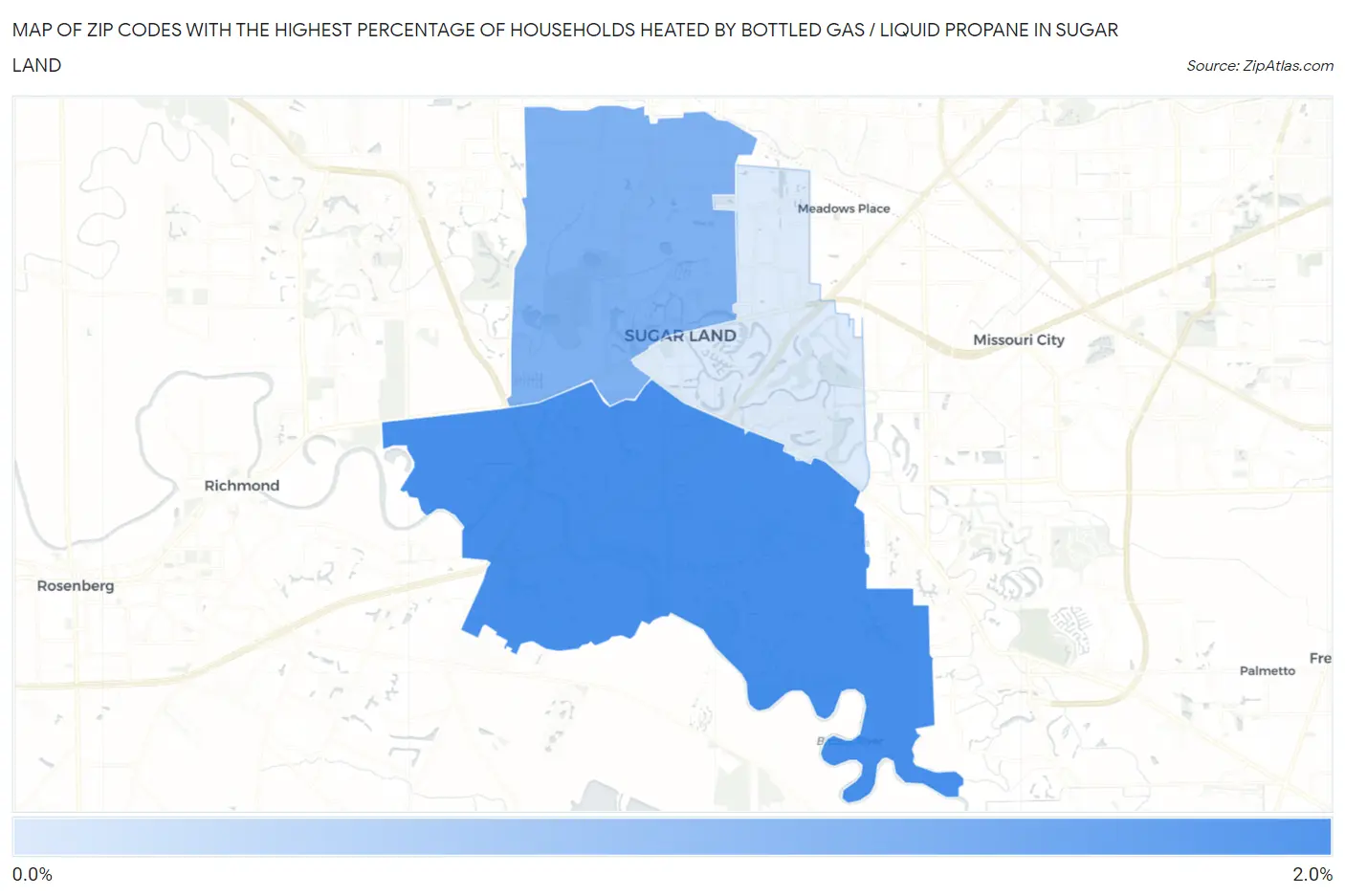 Zip Codes with the Highest Percentage of Households Heated by Bottled Gas / Liquid Propane in Sugar Land Map