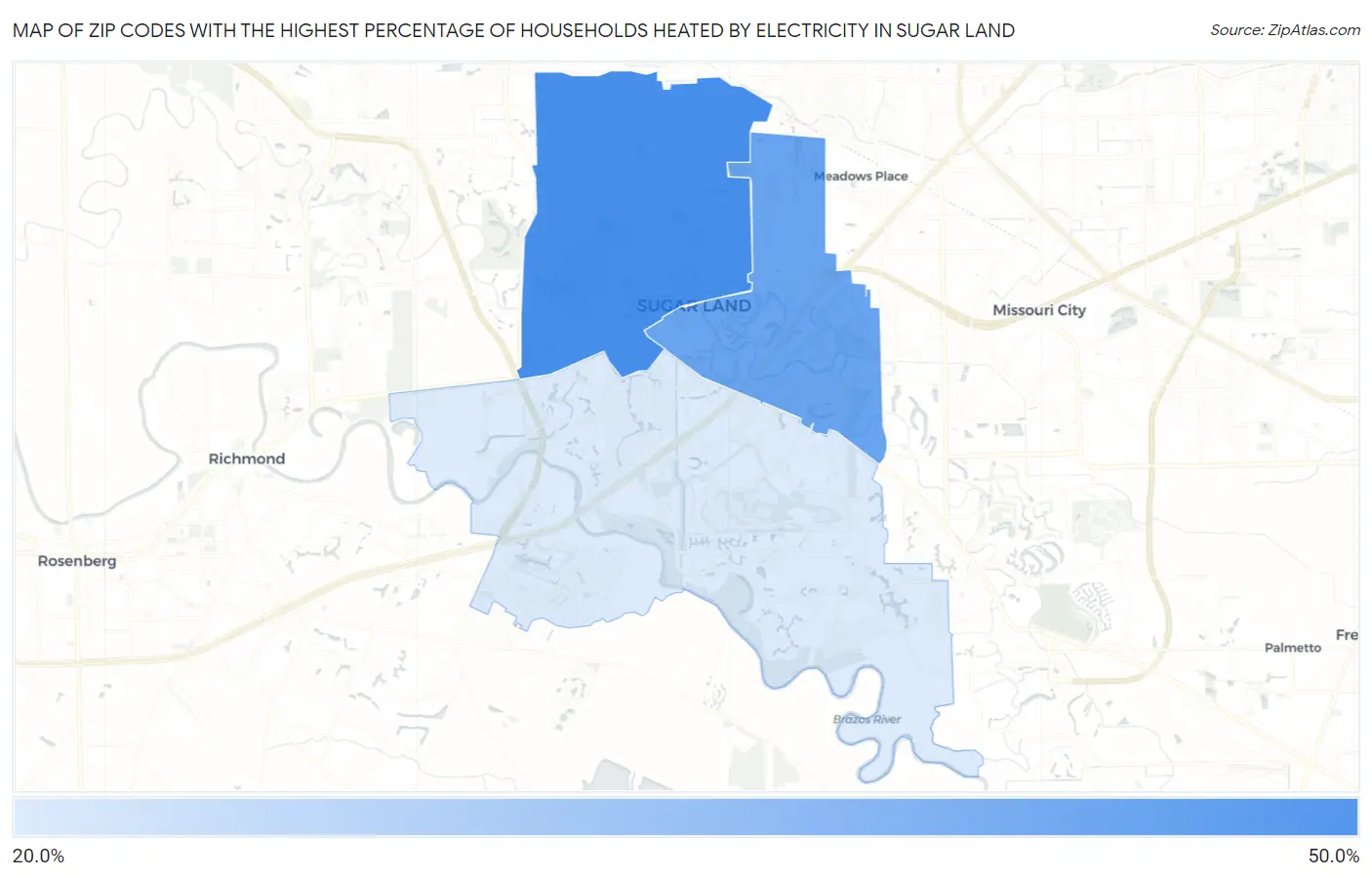 Zip Codes with the Highest Percentage of Households Heated by Electricity in Sugar Land Map