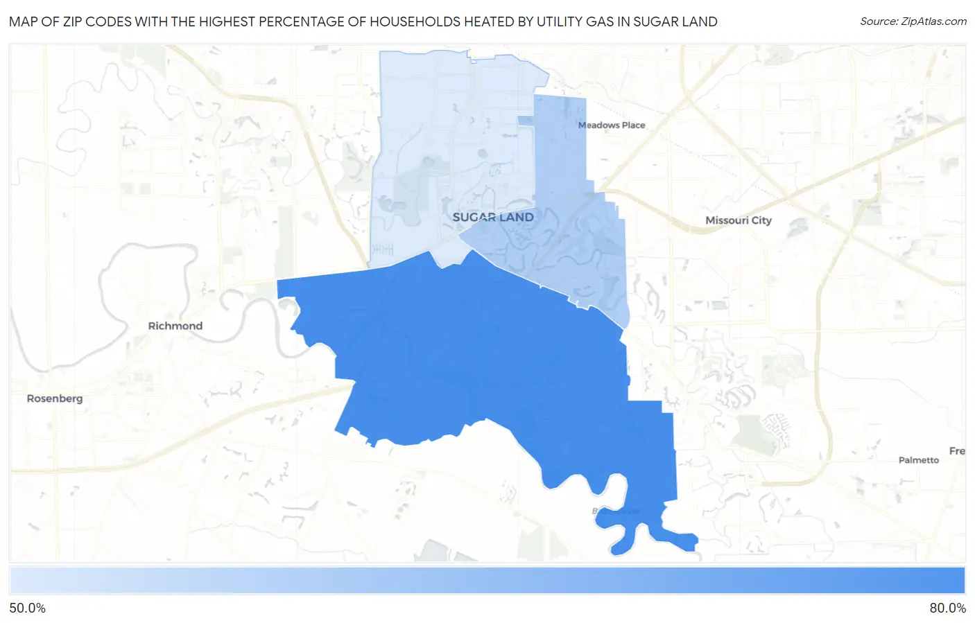 Zip Codes with the Highest Percentage of Households Heated by Utility Gas in Sugar Land Map
