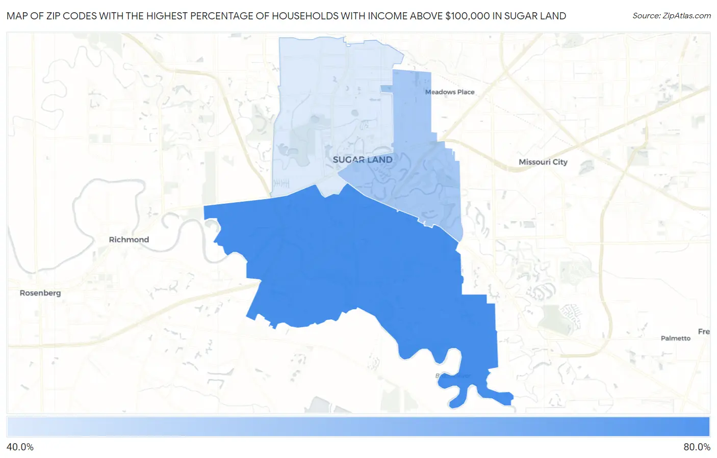 Zip Codes with the Highest Percentage of Households with Income Above $100,000 in Sugar Land Map