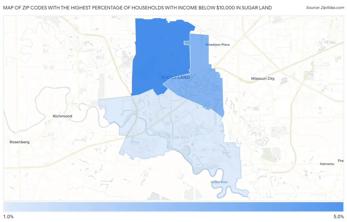 Zip Codes with the Highest Percentage of Households with Income Below $10,000 in Sugar Land Map