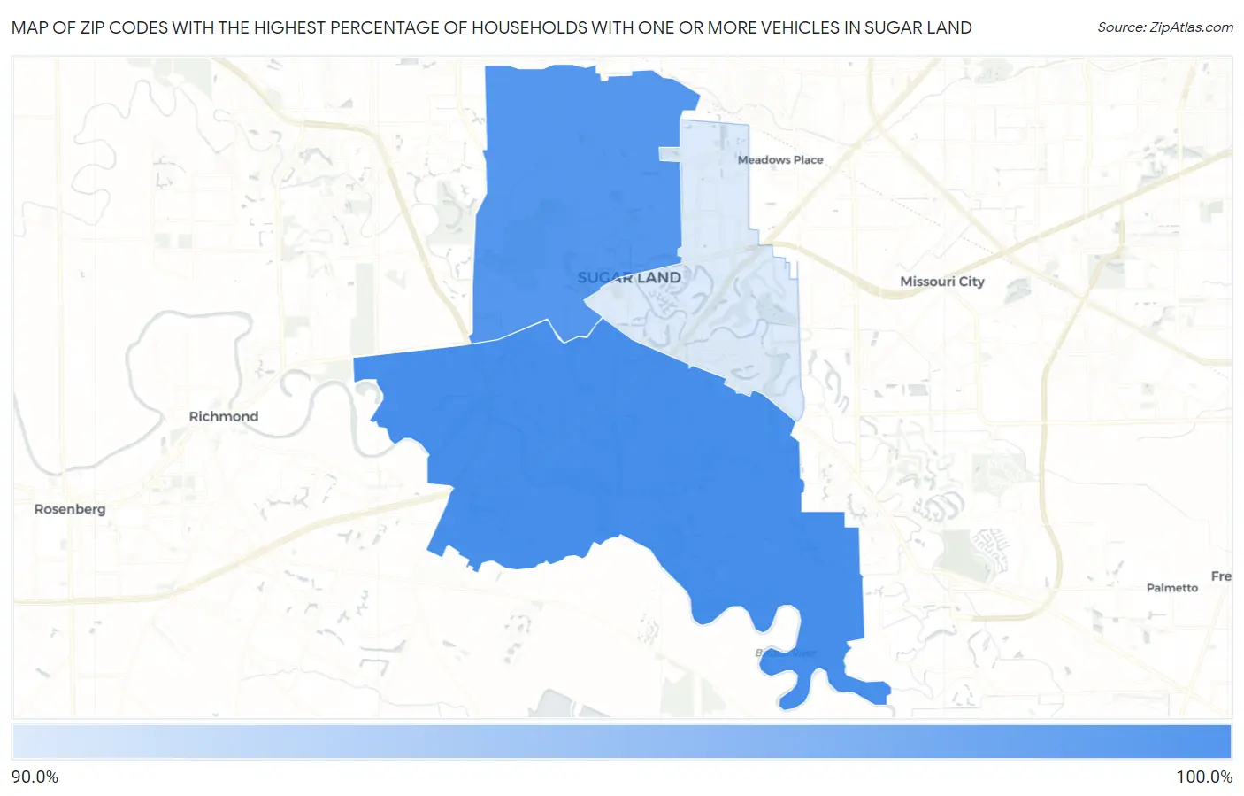 Zip Codes with the Highest Percentage of Households With One or more Vehicles in Sugar Land Map