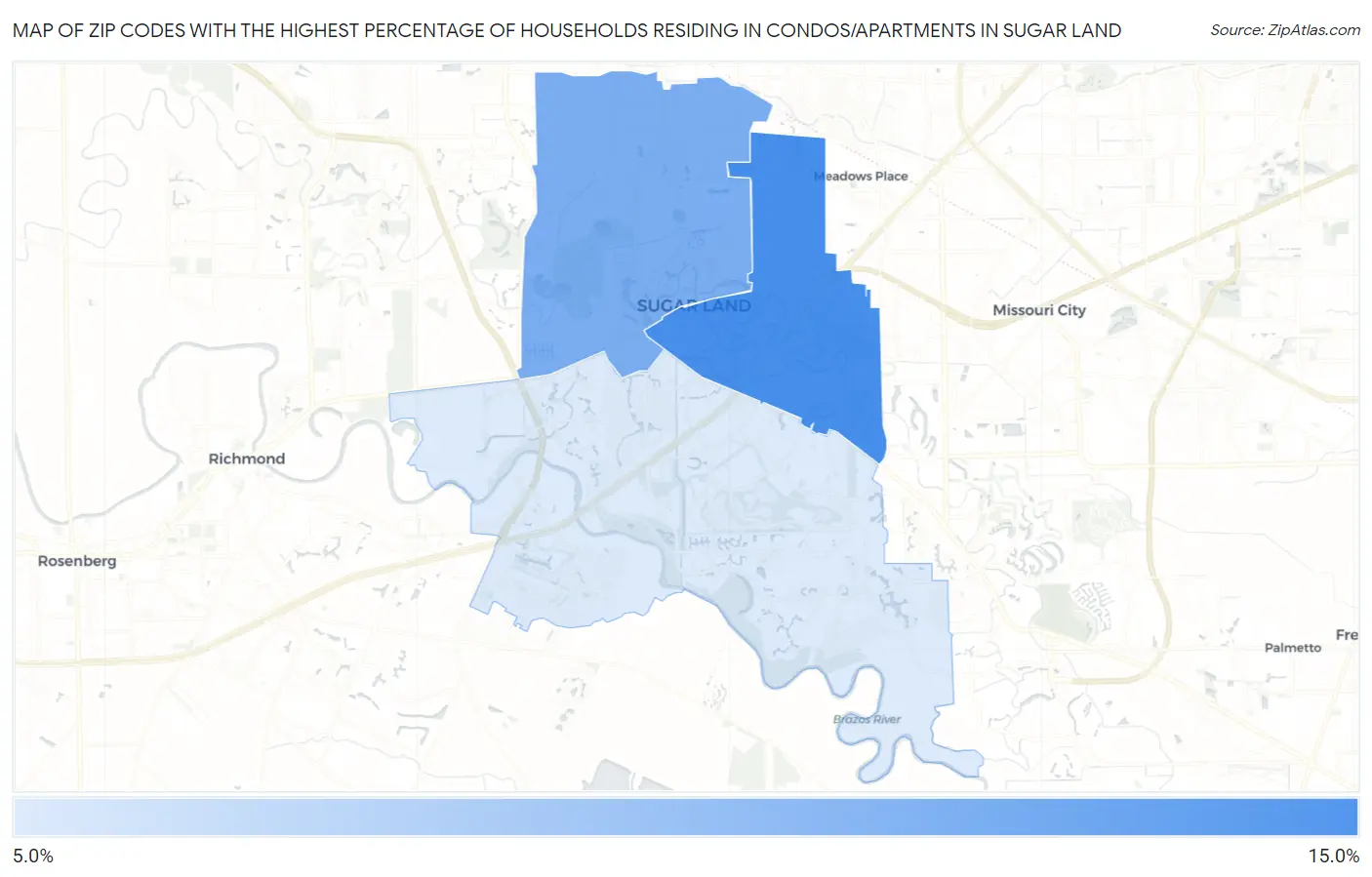 Zip Codes with the Highest Percentage of Households Residing in Condos/Apartments in Sugar Land Map