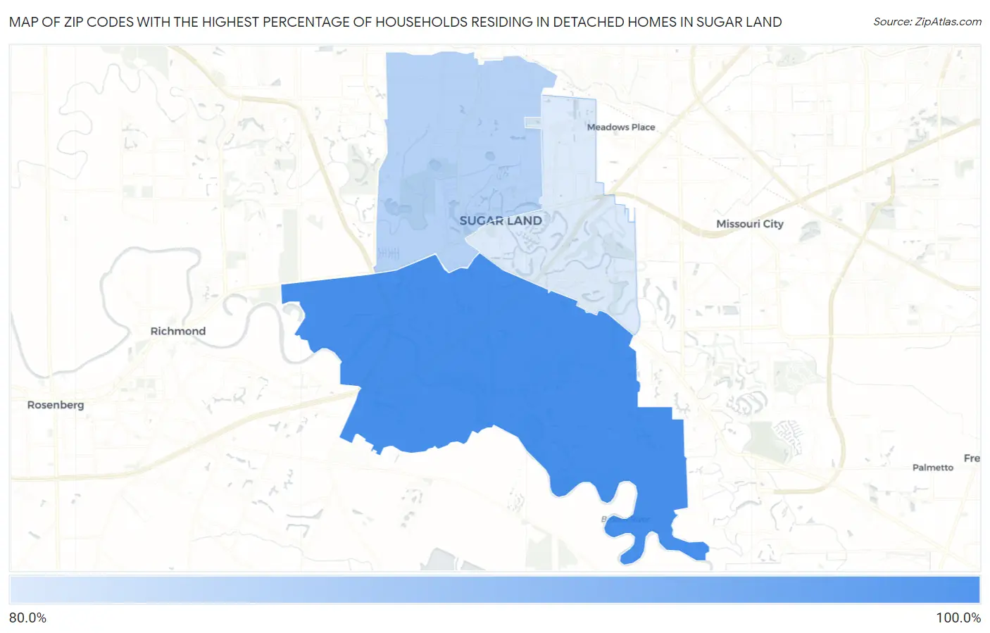 Zip Codes with the Highest Percentage of Households Residing in Detached Homes in Sugar Land Map