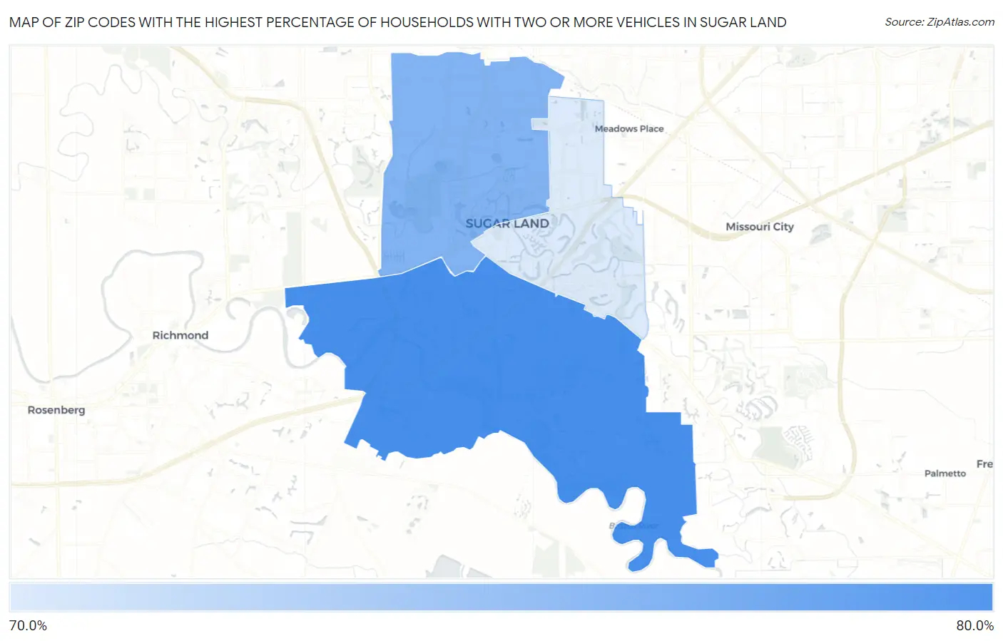 Zip Codes with the Highest Percentage of Households With Two or more Vehicles in Sugar Land Map