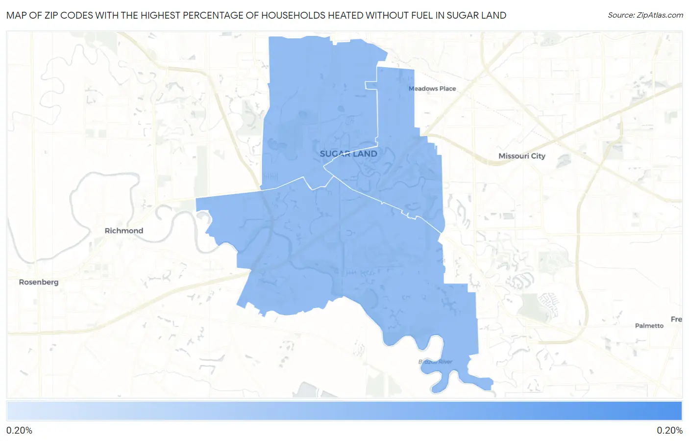 Zip Codes with the Highest Percentage of Households Heated without Fuel in Sugar Land Map
