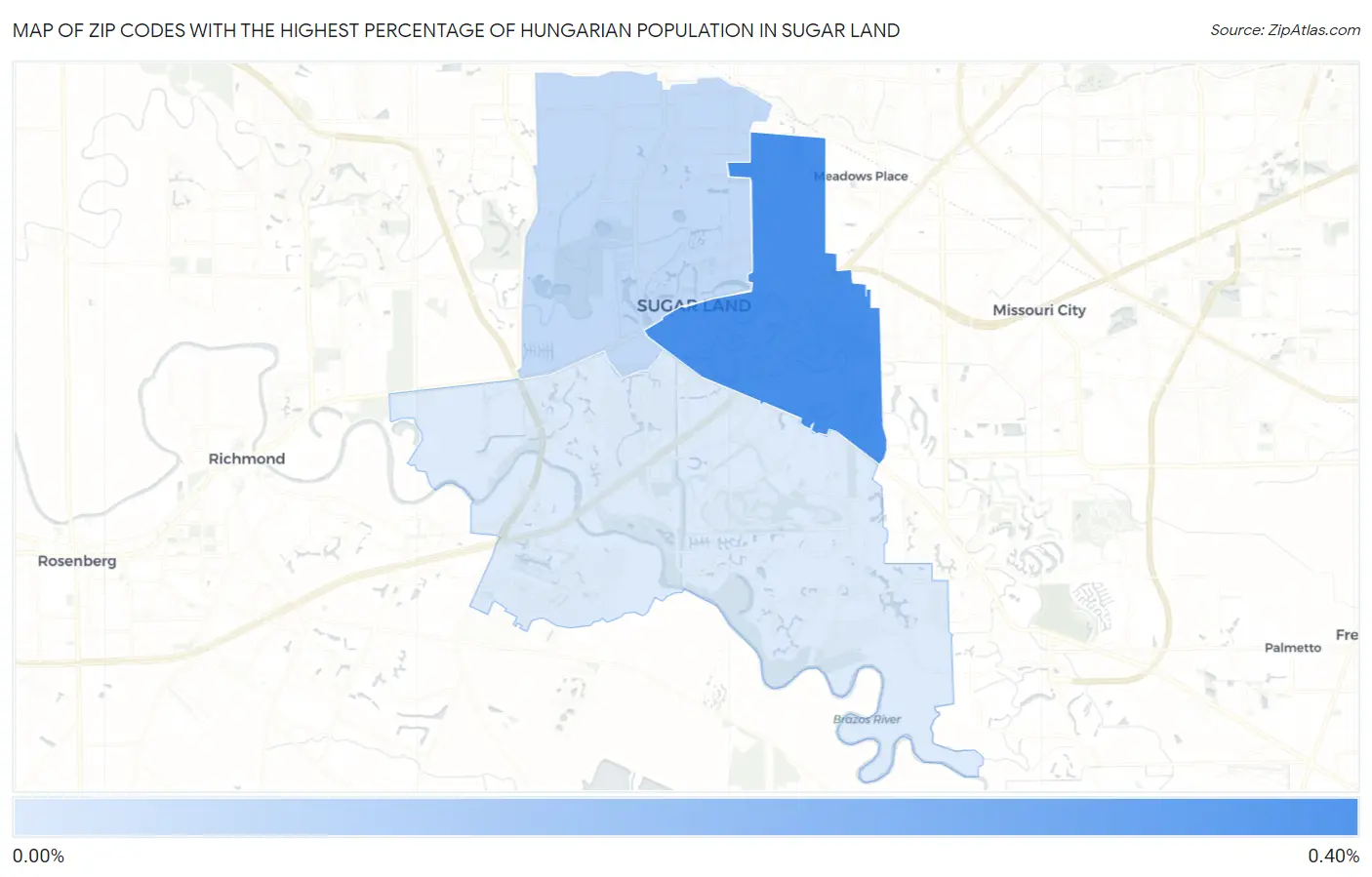 Zip Codes with the Highest Percentage of Hungarian Population in Sugar Land Map