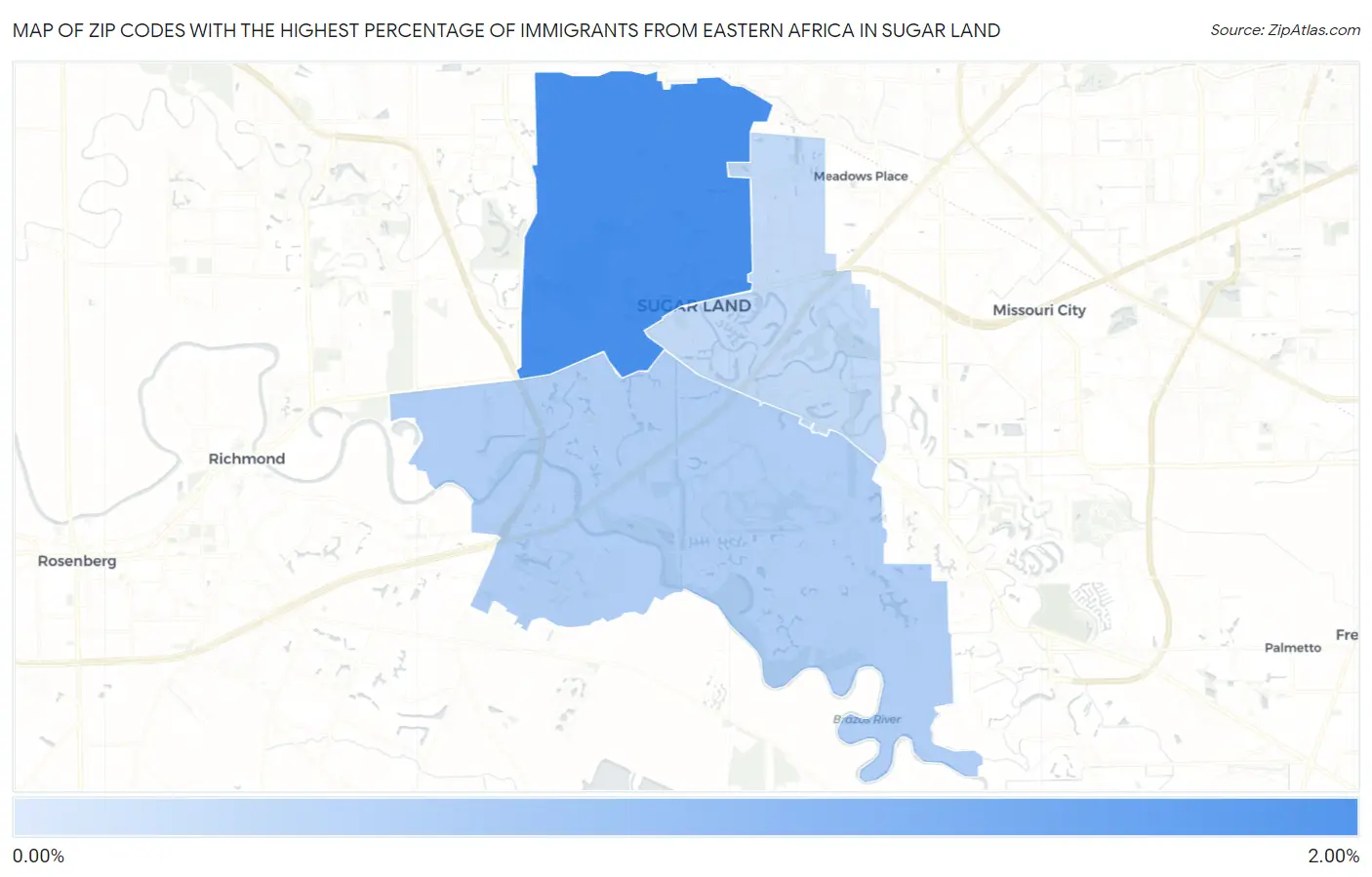 Zip Codes with the Highest Percentage of Immigrants from Eastern Africa in Sugar Land Map