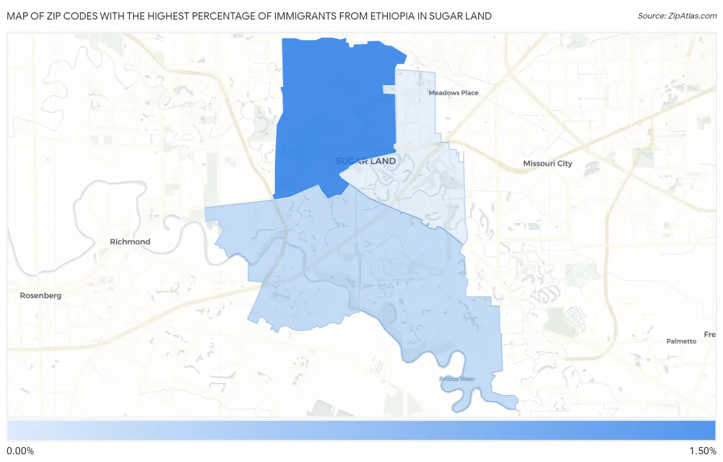 Zip Codes with the Highest Percentage of Immigrants from Ethiopia in Sugar Land Map