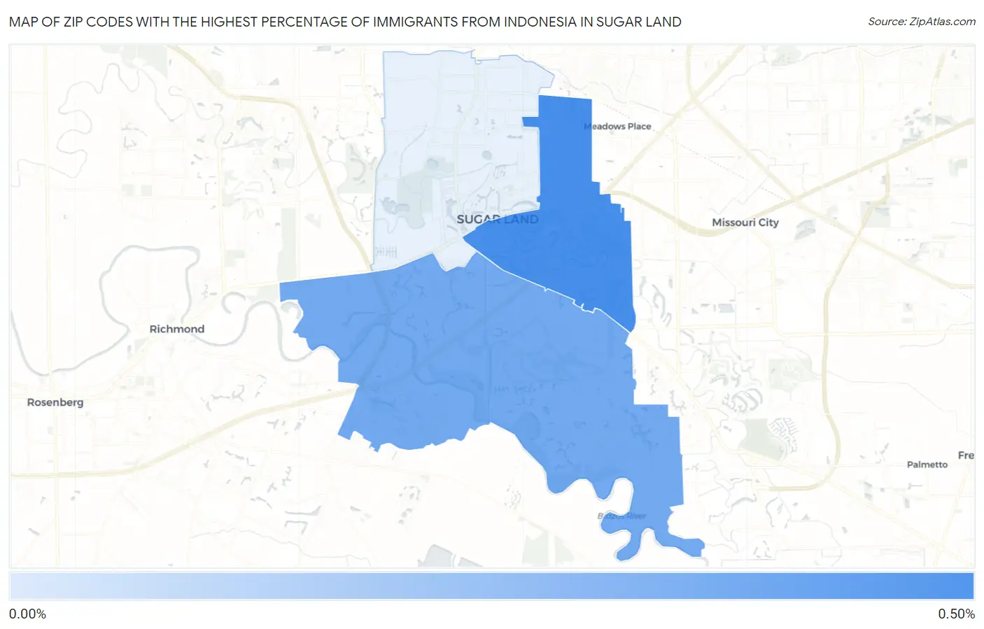 Zip Codes with the Highest Percentage of Immigrants from Indonesia in Sugar Land Map