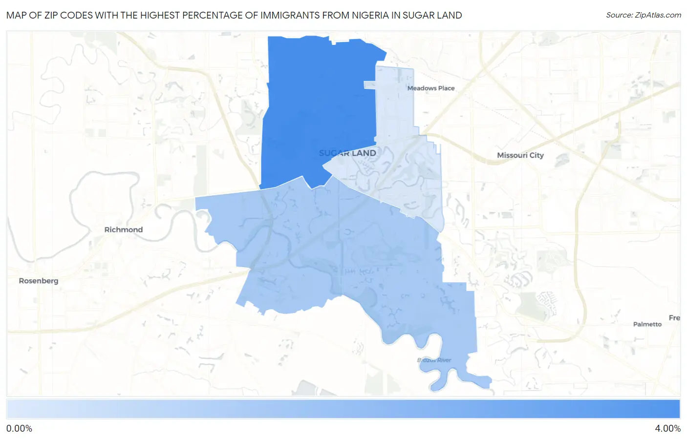 Zip Codes with the Highest Percentage of Immigrants from Nigeria in Sugar Land Map