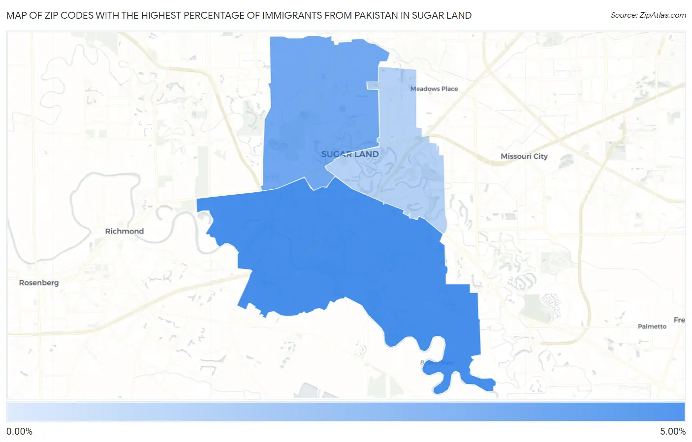 Zip Codes with the Highest Percentage of Immigrants from Pakistan in Sugar Land Map
