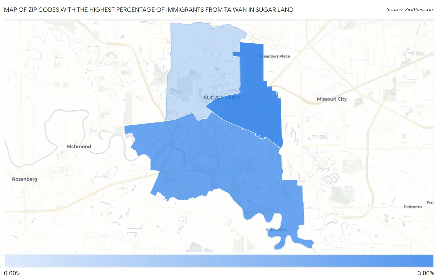 Zip Codes with the Highest Percentage of Immigrants from Taiwan in Sugar Land Map
