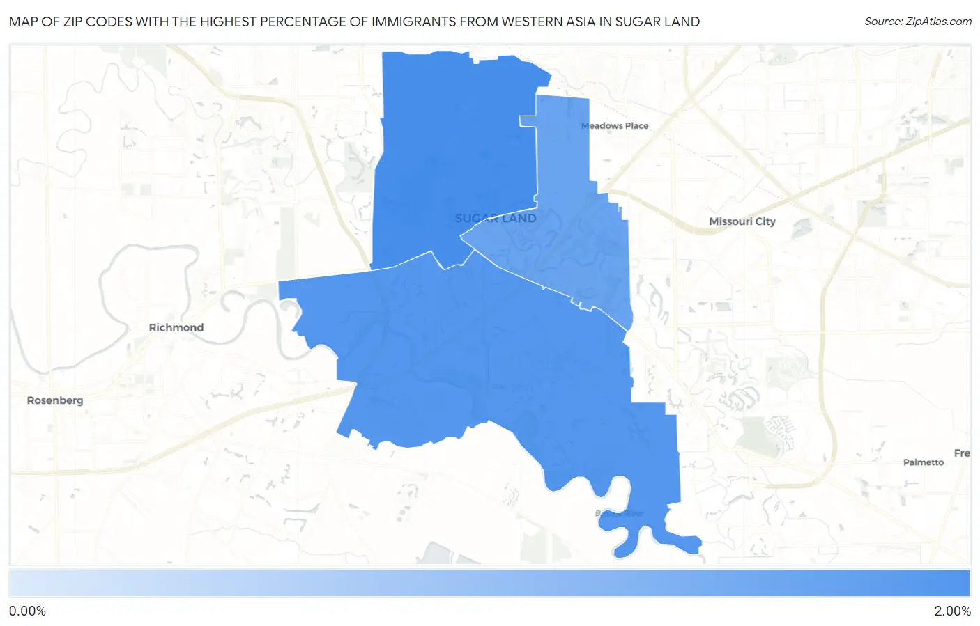 Zip Codes with the Highest Percentage of Immigrants from Western Asia in Sugar Land Map