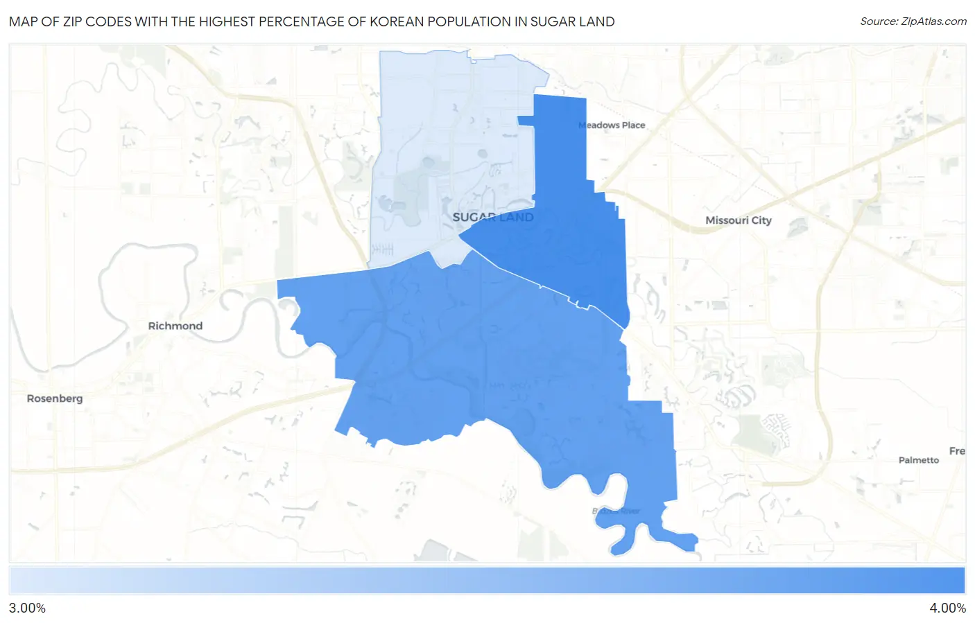 Zip Codes with the Highest Percentage of Korean Population in Sugar Land Map