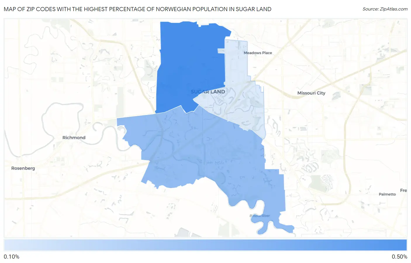 Zip Codes with the Highest Percentage of Norwegian Population in Sugar Land Map