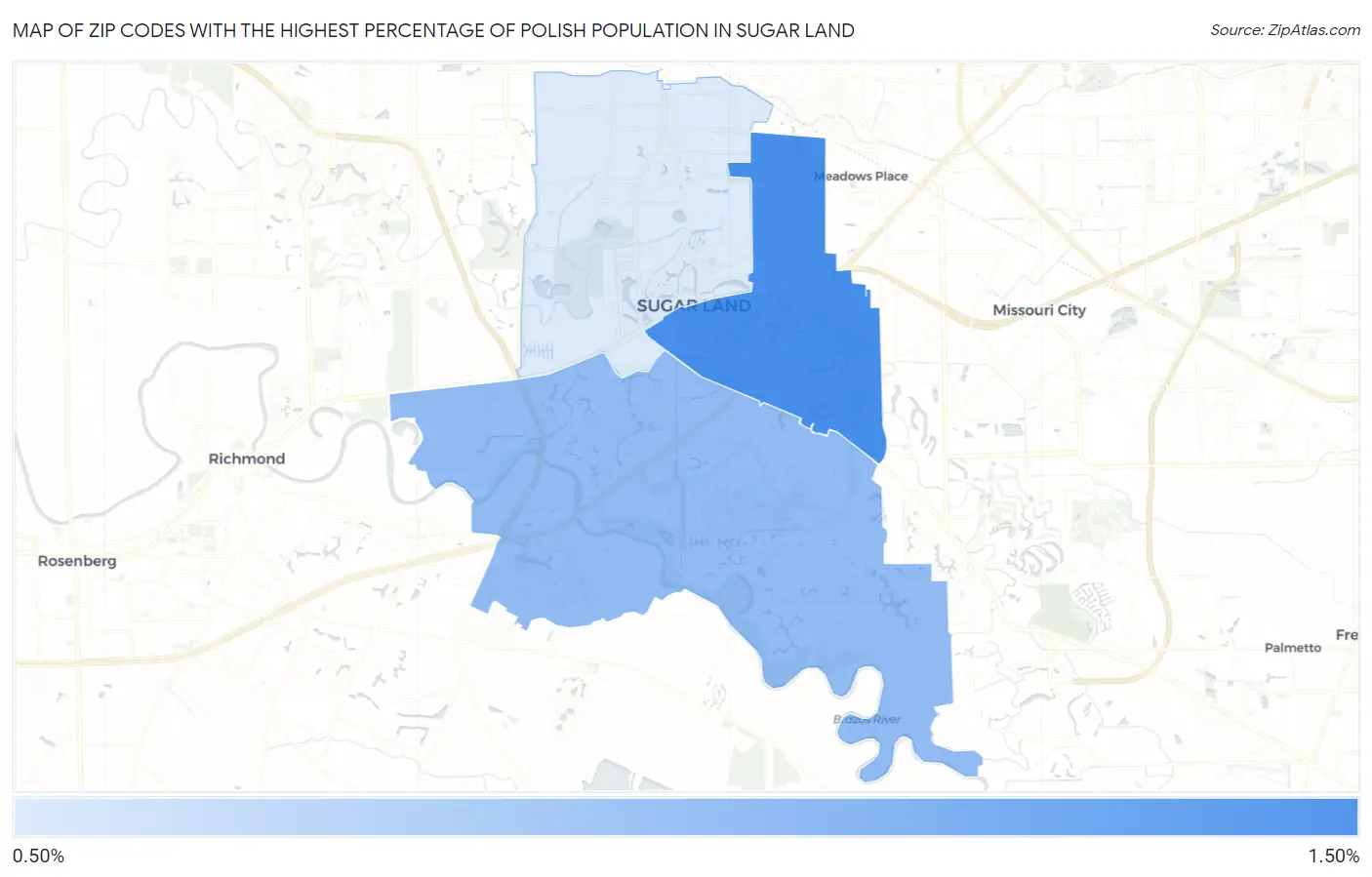 Zip Codes with the Highest Percentage of Polish Population in Sugar Land Map