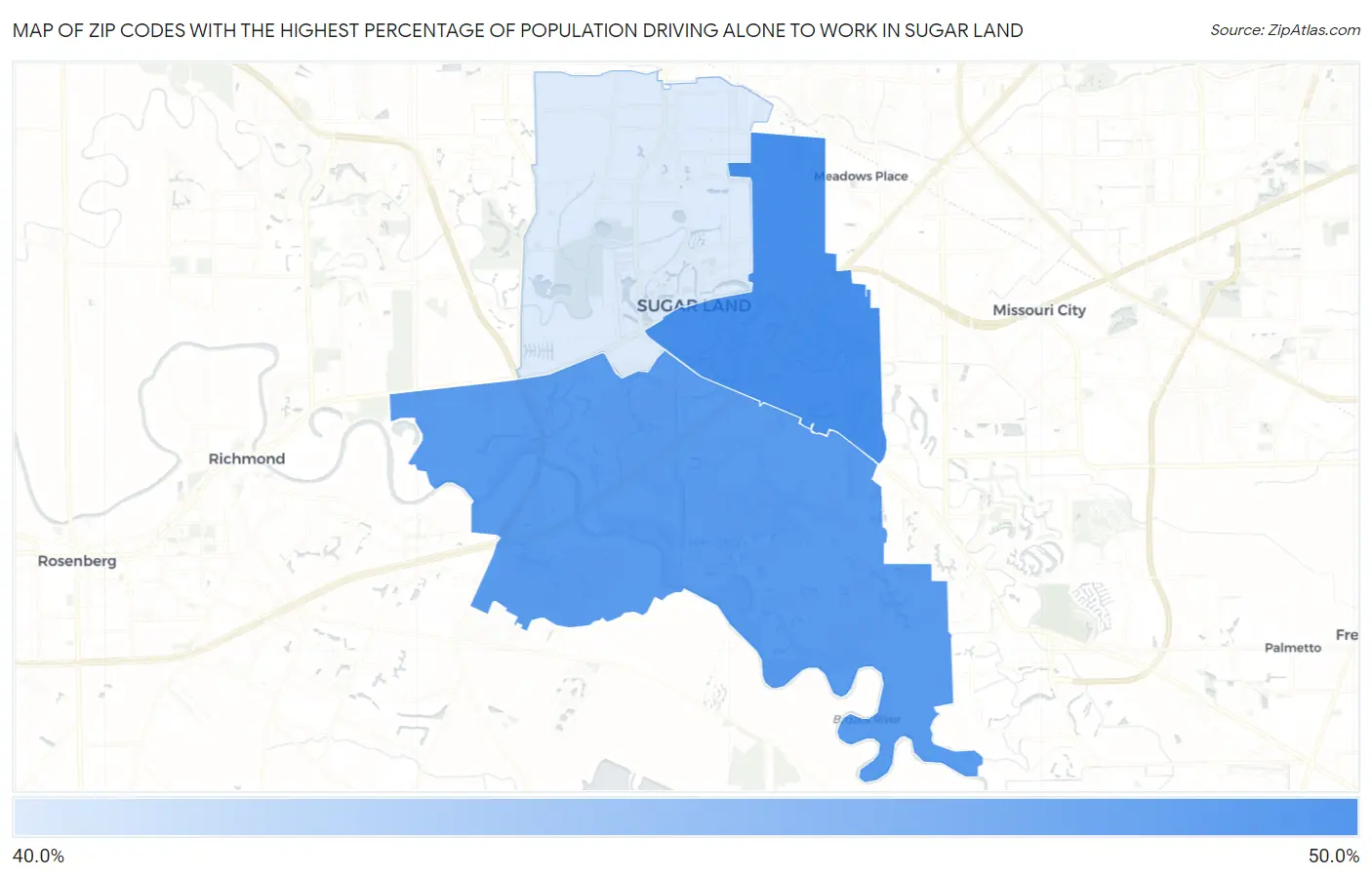 Zip Codes with the Highest Percentage of Population Driving Alone to Work in Sugar Land Map