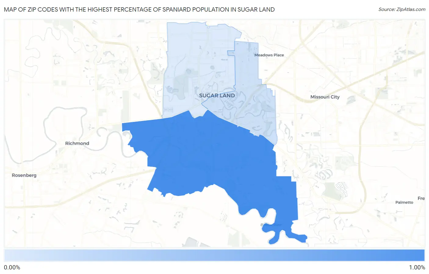 Zip Codes with the Highest Percentage of Spaniard Population in Sugar Land Map