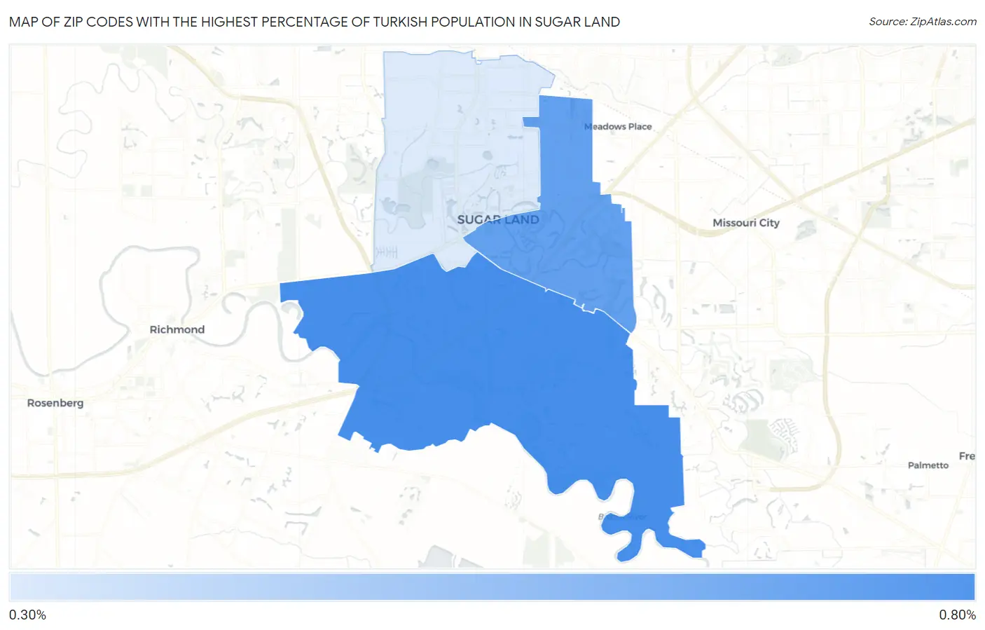 Zip Codes with the Highest Percentage of Turkish Population in Sugar Land Map