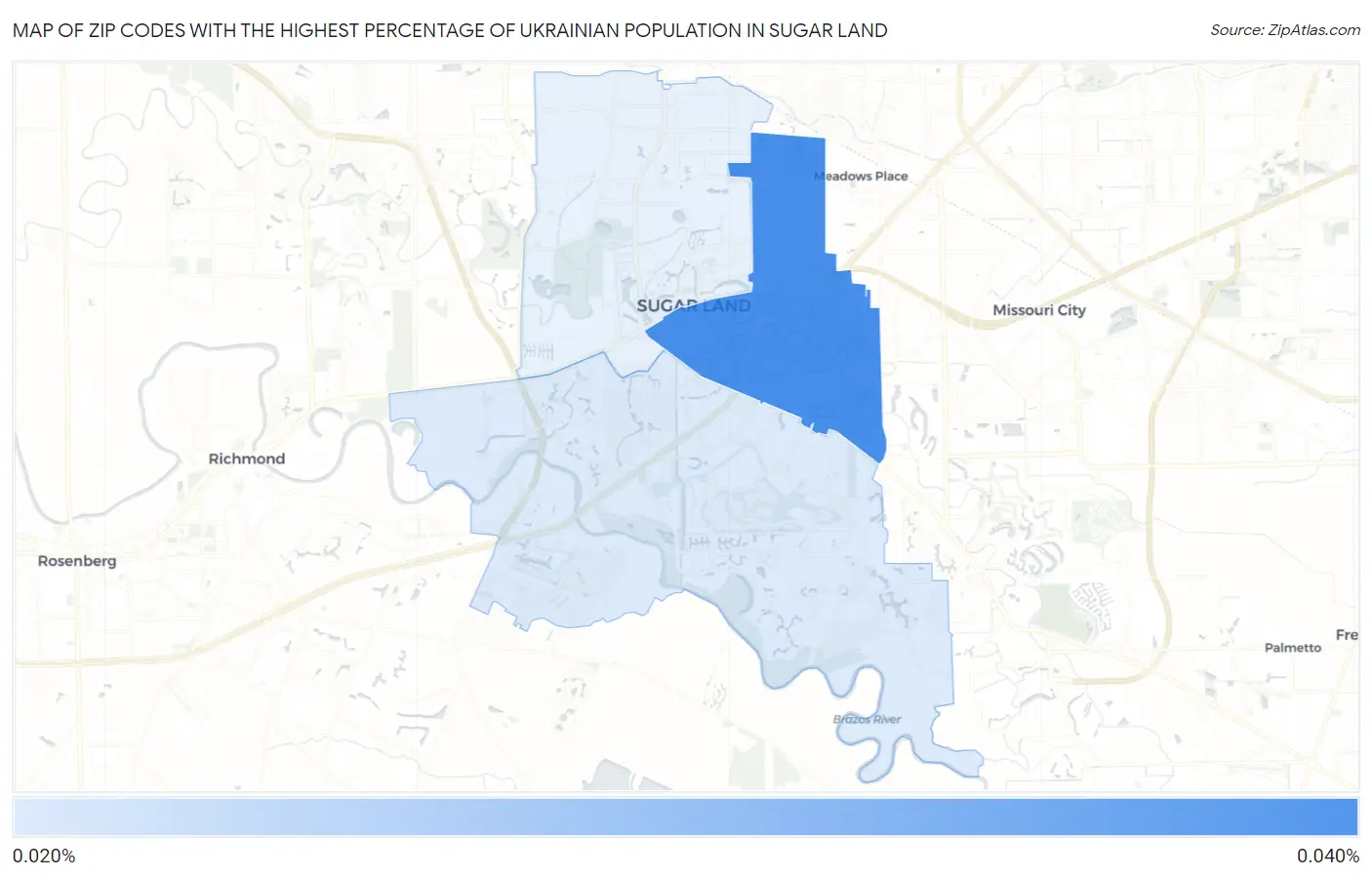 Zip Codes with the Highest Percentage of Ukrainian Population in Sugar Land Map