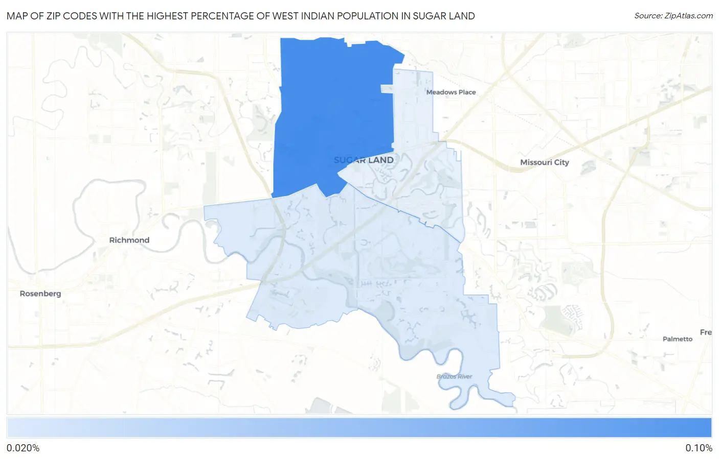 Zip Codes with the Highest Percentage of West Indian Population in Sugar Land Map