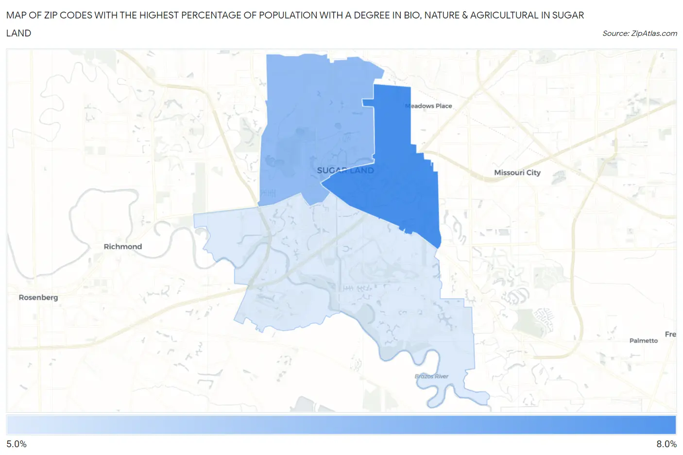 Zip Codes with the Highest Percentage of Population with a Degree in Bio, Nature & Agricultural in Sugar Land Map