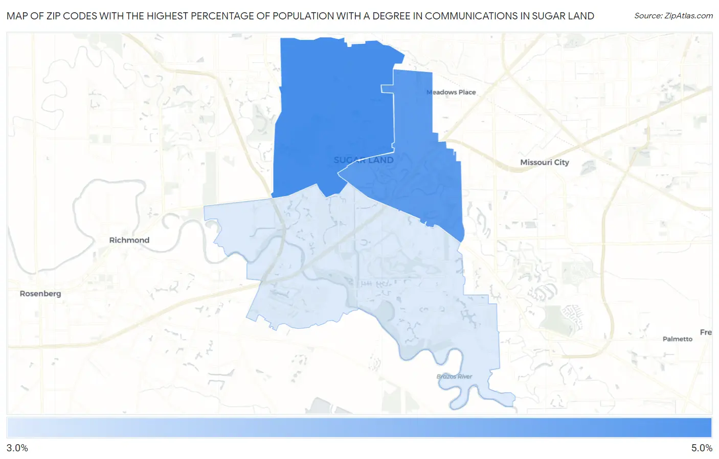Zip Codes with the Highest Percentage of Population with a Degree in Communications in Sugar Land Map