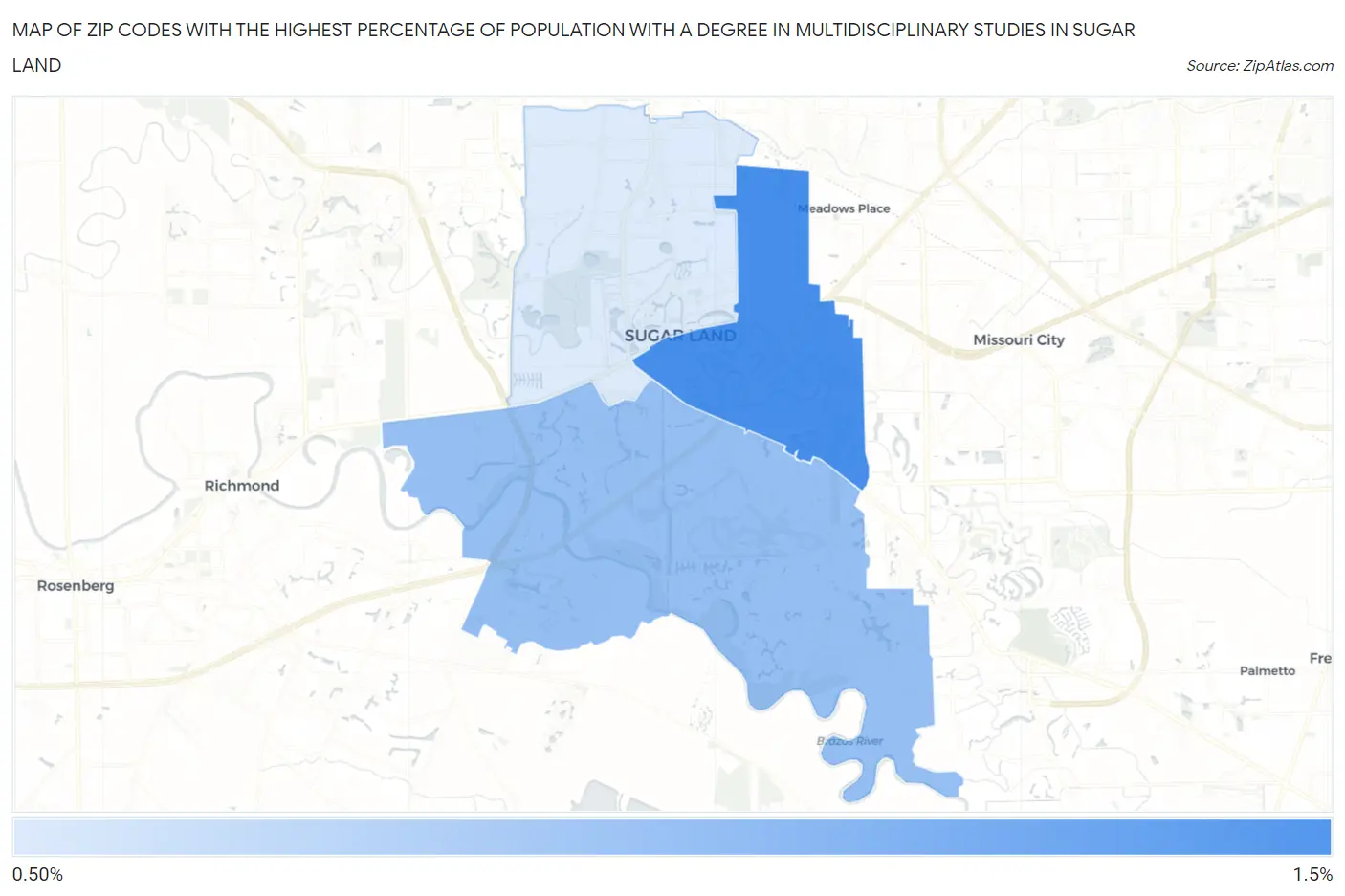 Zip Codes with the Highest Percentage of Population with a Degree in Multidisciplinary Studies in Sugar Land Map