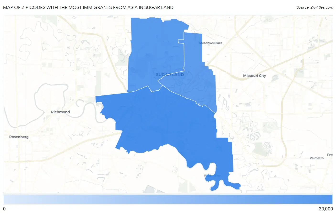 Zip Codes with the Most Immigrants from Asia in Sugar Land Map