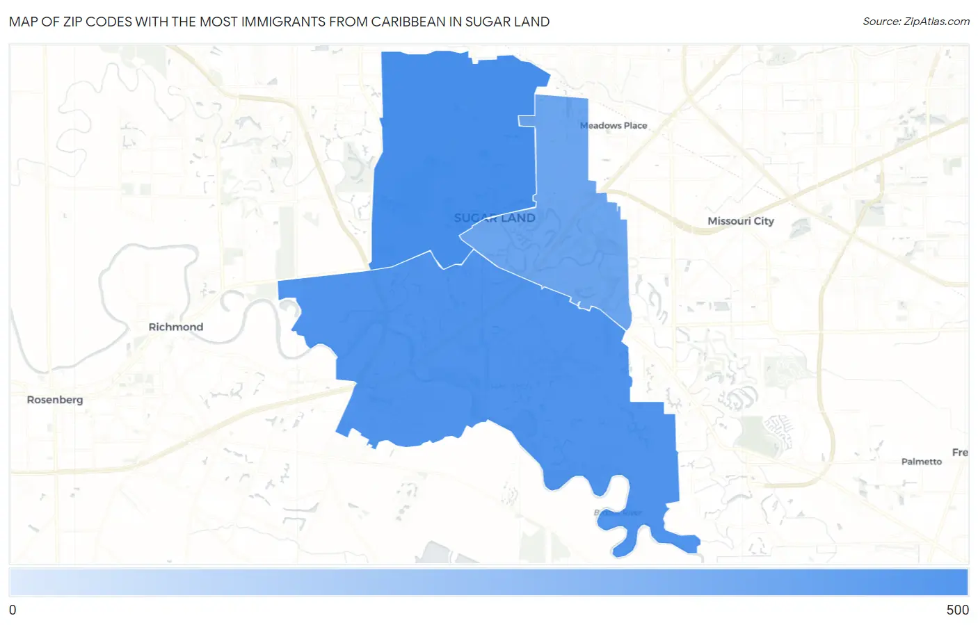 Zip Codes with the Most Immigrants from Caribbean in Sugar Land Map