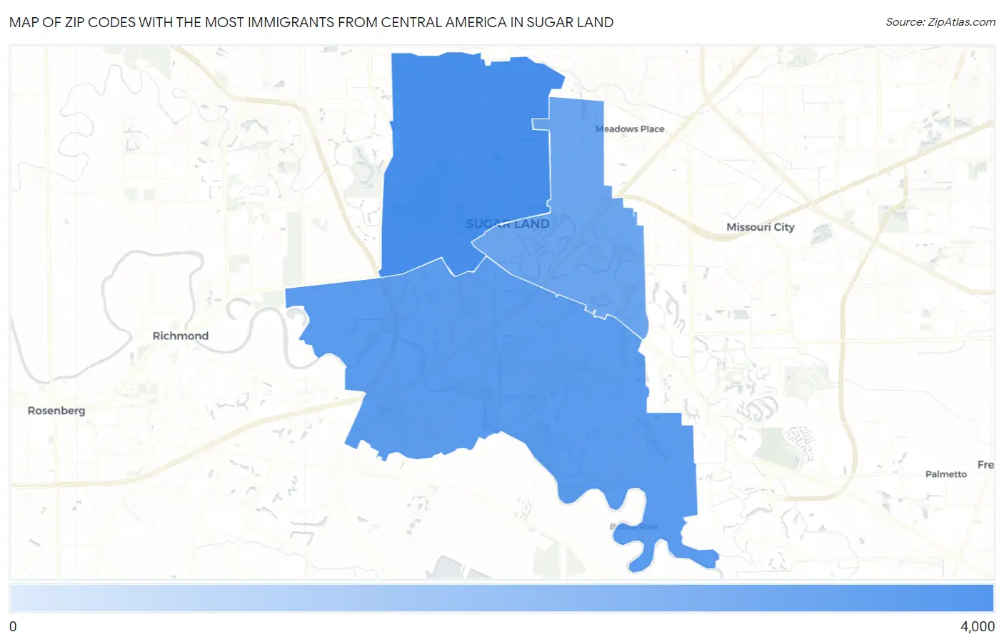 Zip Codes with the Most Immigrants from Central America in Sugar Land Map